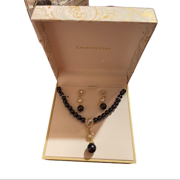 CHARTER CLUB Cubic Zirconia and Imitation Pearl Lariat Necklace & Drop Earrings - Picture 1 of 5